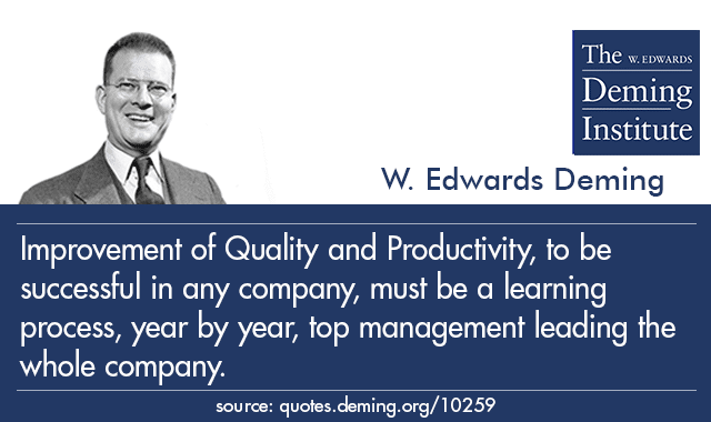 image of text - quote by Dr. Deming: "Improvement of Quality and Productivity, to be successful in any company, must be a learning process, year by year, top management leading the whole company."