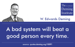 image with text: "A bad system will beat a good person every time" W. Edwards Deming