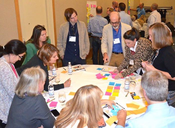 participants engaged in discussion around table and flipchart with postits