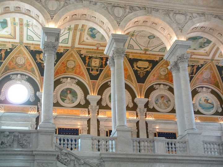 ornate entry hall with marble arches and paintings, Jefferson Building