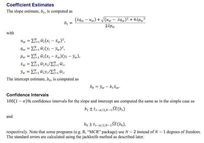 complex mathematical formulas relating to the Deming Regression