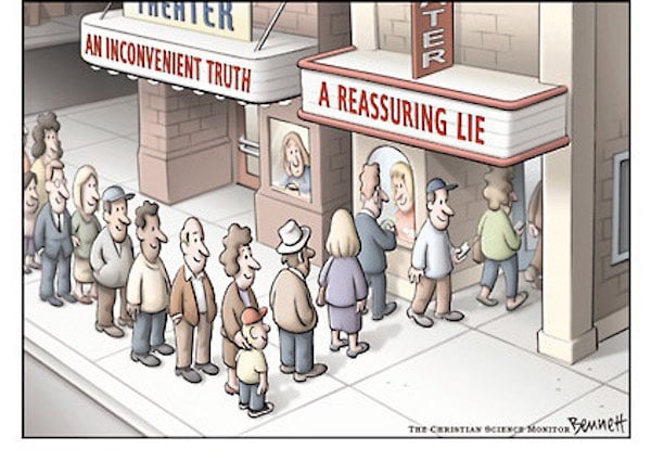 comic: no line for inconvenient truth, long line for reassuring lie at the theatre