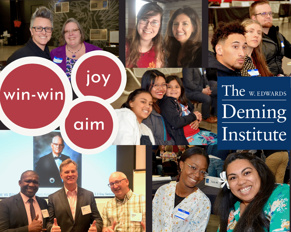win-win card Collage of smiling people in different photos. The words "Win-win" "joy" and "aim" are in red bubbles on top of the photos, and the Deming logo is on the far right.
