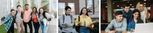 3 images of college students. From left to right: 5 students with backpacks waving at the camera, 2 students walking and talking while carrying binders and papers, and 4 students grouped around a laptop with one woman sitting at the keyboard. Everyone is smiling in all the photos.
